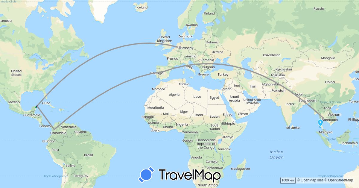 TravelMap itinerary: driving, bus, plane, boat in Colombia, Germany, Spain, Mexico, Thailand (Asia, Europe, North America, South America)